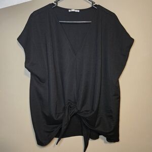 Zara Women's Black V-Neck Blouse Front Tie Knot Short Sleeve Top Size Large